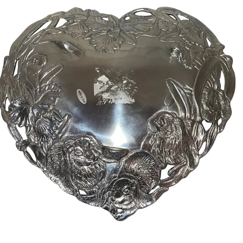 Arthur Court 1993 Bunny Orchid‎ Heart Platter Aluminum Vintage Tray
